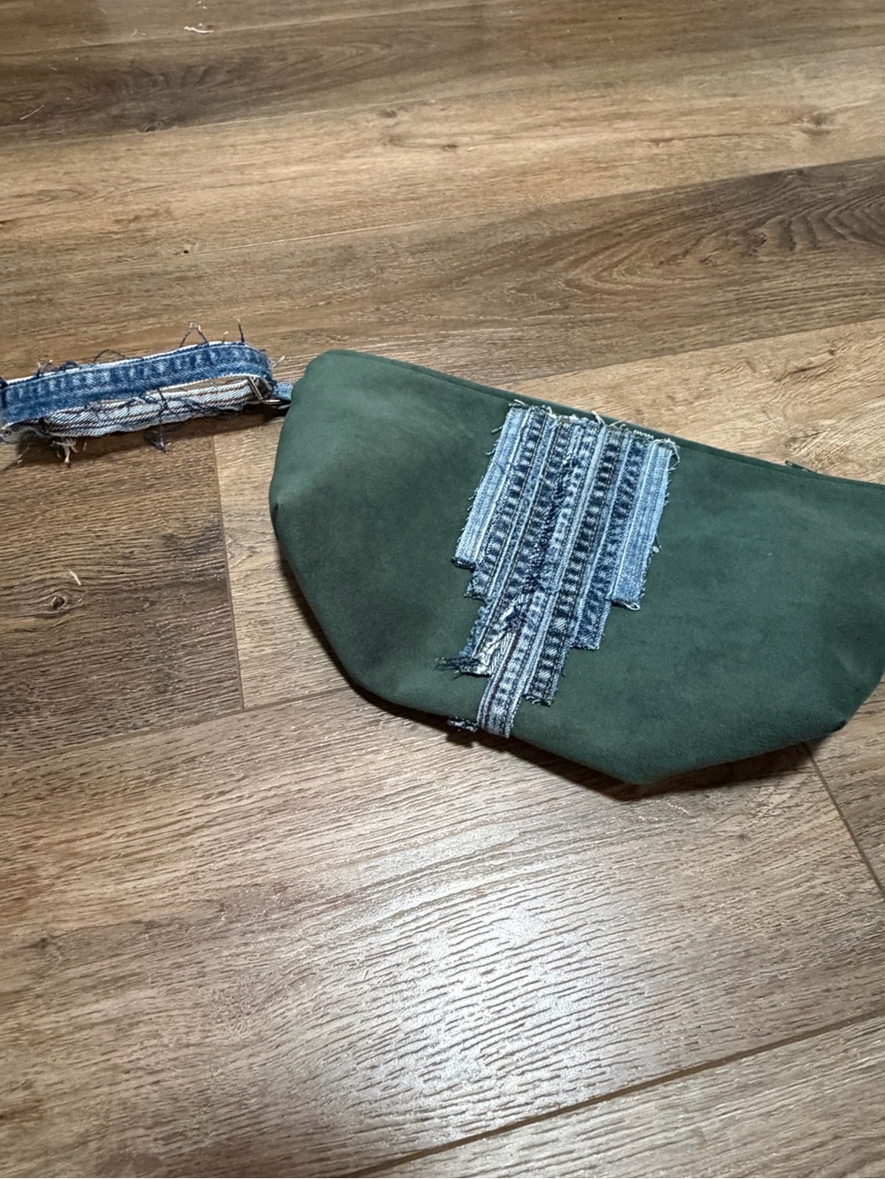 Suede Wristlet Clutch with Denim Accent - Green